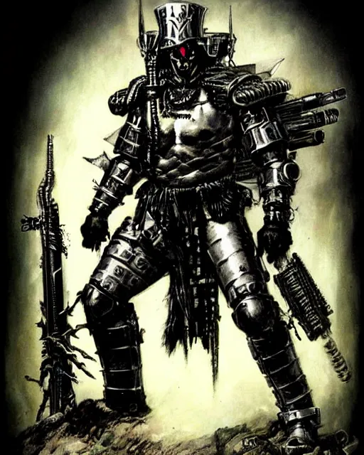 Image similar to full figure of a tech goth soldier wearing armor by simon bisley, john blance, frank frazetta, fantasy, barbarian