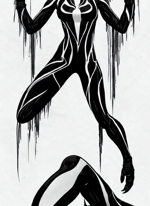 Image similar to symmetry concpet art, full shot, traditional ink, sketch, of olivia wilde as venom, line sketch, intricate, elegant, highly detailed, monochrome, digital painting, artstation, concept art, sharp focus, illustration, art by borderlands 3 and peter polach