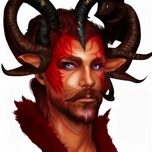 Image similar to dnd style portrait of a tiefling, male, red scales, red skin, a big black beard, completely golden eyes, 2 black ram horns growing out of his forehead,