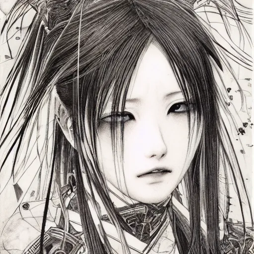 Image similar to Yoshitaka Amano realistic illustration of yuuki asuna ,hair fluttering in the wind, cracks on her face wearing Elden ring armour with engraving, abstract black and white patterns on the background, noisy film grain effect, highly detailed, Renaissance oil painting, weird portrait angle, blurred lost edges, three quarter view