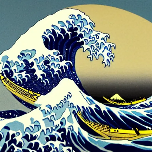 Image similar to a propaganda poster of the great wave off kanagawa