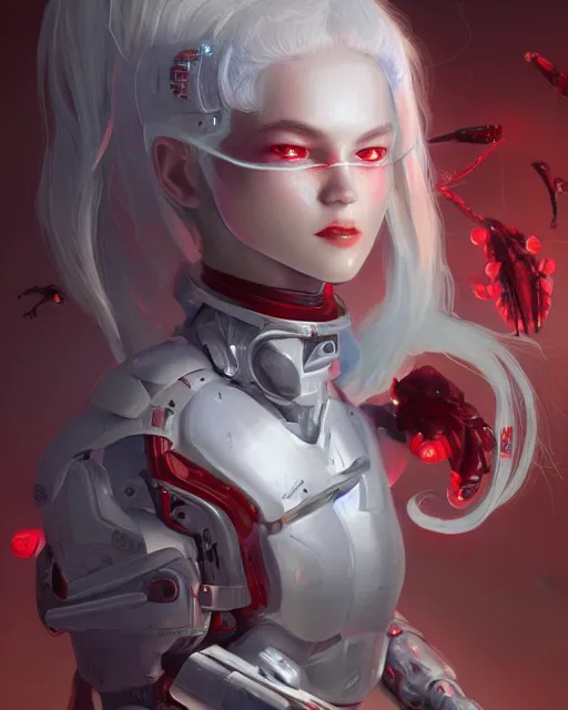 Prompt: cyborg girl with white hair and red clothes, alien hive, honey decorations, dreamy, beautiful illustration, scifi, radiant, atmosphere, harmony, top lighting, blue eyes, focused, perfect composition, artstation, highly detailed, art by yuhong ding and chengwei pan and serafleur and ina wong