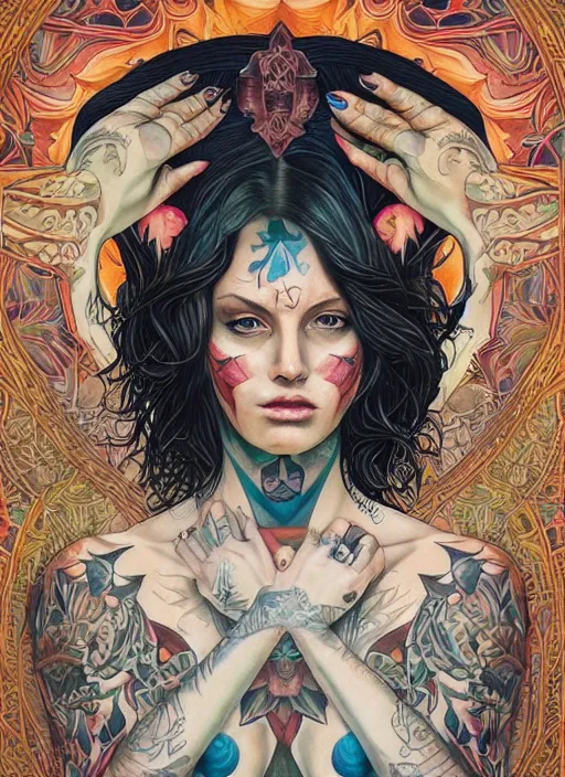 Image similar to beautiful enlightened woman instagram influencer with tattoos, tattooed skin, oil painting, robe, symmetrical face, dark ritual myth, by martine johanna masterpiece