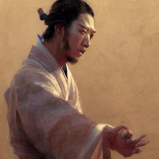 Image similar to a man wearing hanfu, muscular, detailed face, correct face, painting by Gaston Bussiere, Craig Mullins