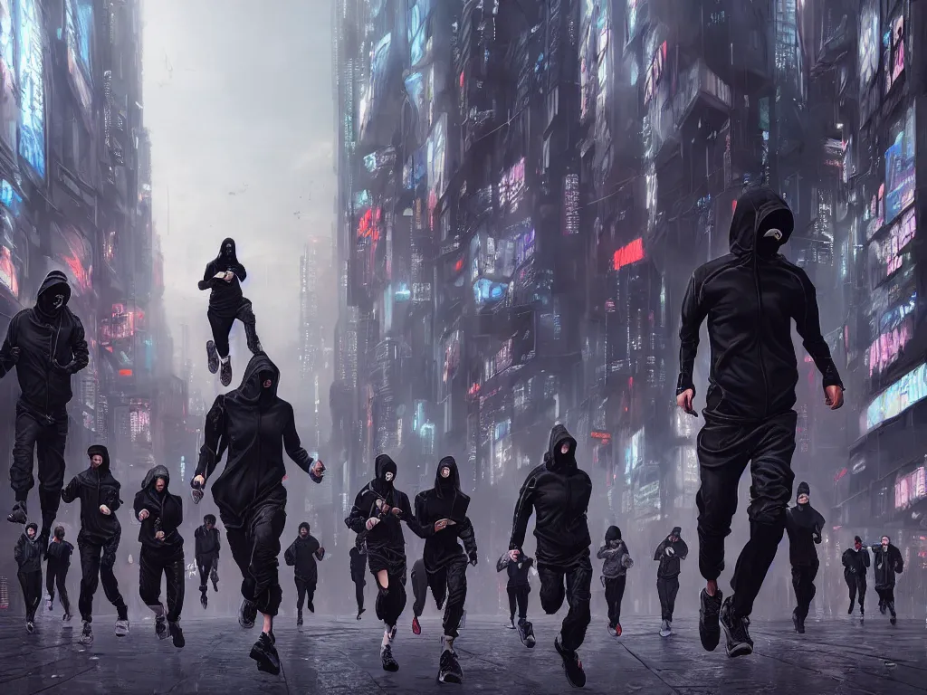 Prompt: a hyperrealistic matte painting of a group of rebellious hackers, clothed in techwear, running through the streets of a dystopian city, matte painting, intricate detail, polished, cyberpunk style, concept art, trending on artstation