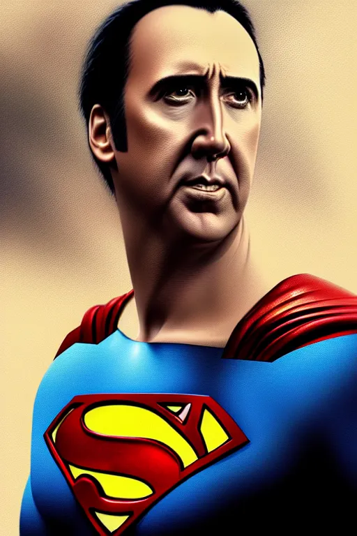 Image similar to portrait of nicolas cage as superman looking away from the camera, intricate, extremely detailed digital painting by greg rutkowski, artstation