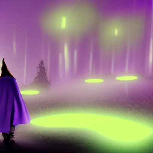 Image similar to luminescent purple wizard, cartoon style, female, dark background, volumetric fog, 4K