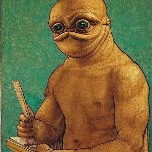 Image similar to oil painting of pepe the frog as aristotle by leonardo da vinci