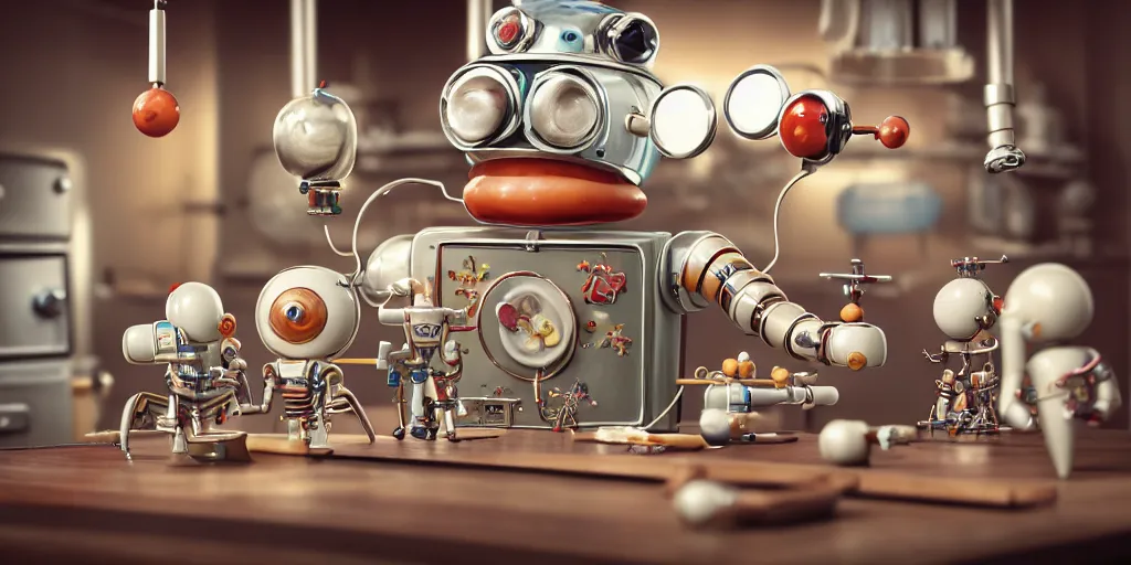 Image similar to closeup portrait of tin toy retro robot scientists cooking pastry in a kitchen, depth of field, zeiss lens, detailed, centered, fashion photoshoot, by nicoletta ceccoli, mark ryden, lostfish, breathtaking, 8 k resolution, extremely detailed, beautiful, establishing shot, artistic, hyperrealistic, octane render