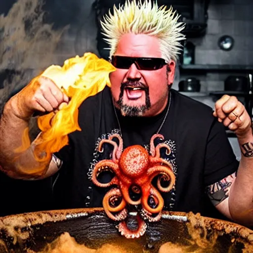 Image similar to guy fieri, turning into an eldritch horror with tentacles, bathing in a giant pan filled with boiling oil, film still from the movie directed by denis villeneuve with art direction by salvador dali