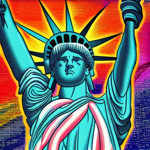 Prompt: statue of liberty covered in jewels in mural graffiti style, bright colors, ultra wide cityscape, night, 8k resolution