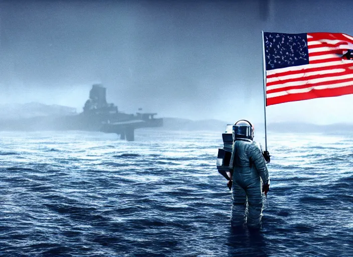 Image similar to astronaut holding a flag in an underwater desert. a submarine is visible in the distance. dark, concept art, cinematic, dramatic, atmospheric, 8 k, trending on artstation, blue, fish, low visibility, fog, ocean floor, christopher nolan, interstellar