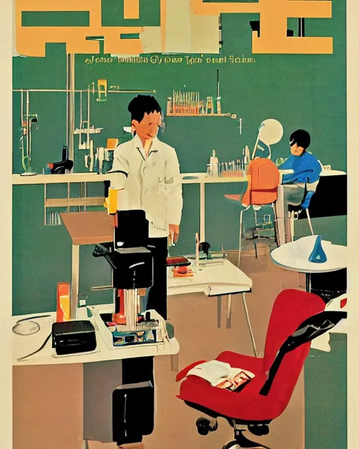 Prompt: science lab. clean cel shaded vector art. illustration art by tatsuro kiuchi and and john berkey 1 9 6 0 s psychology book cover
