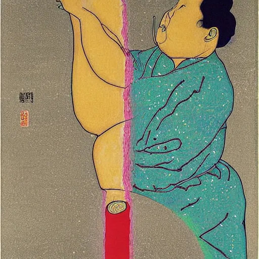 Prompt: hotei budai painting by egon schiele glitter iglitch datamosh