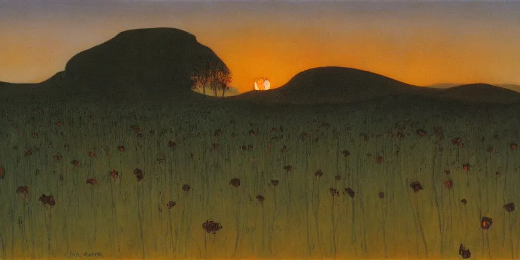 Image similar to sunrise over the bone filled lands. Dark flower. Painting by harald sohlberg