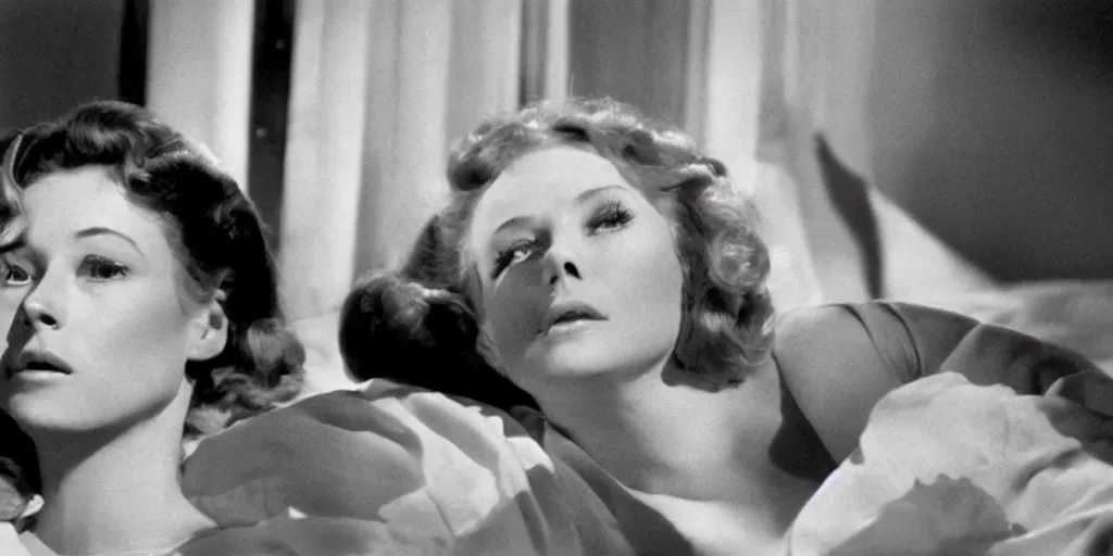 Image similar to a sad redhead is crying in her bed, heatwave, rays of light, douglas sirk still movie