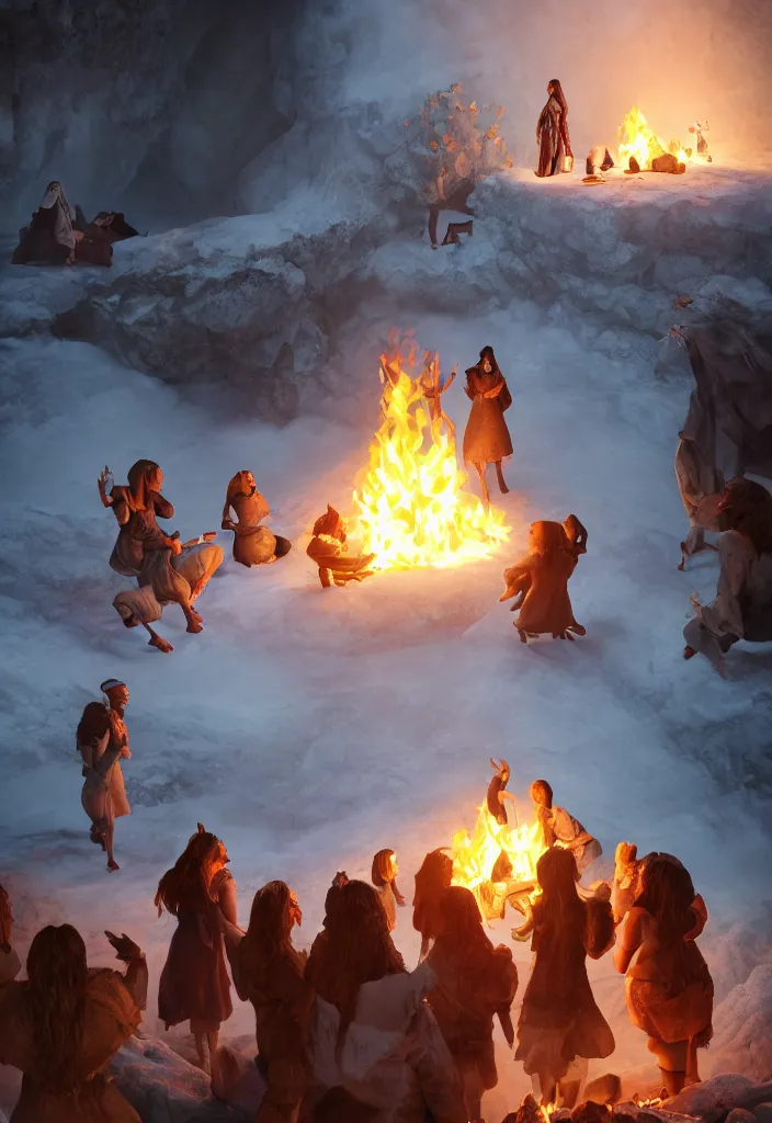 Image similar to epic leader pregnant woman talking to all her tribe around a bonfire, proud people looking at the pregnant woman, ice cave, facinating, fantasy digital art, octane render, beautiful composition, trending on artstation, coherent, masterpiece, photorealistic
