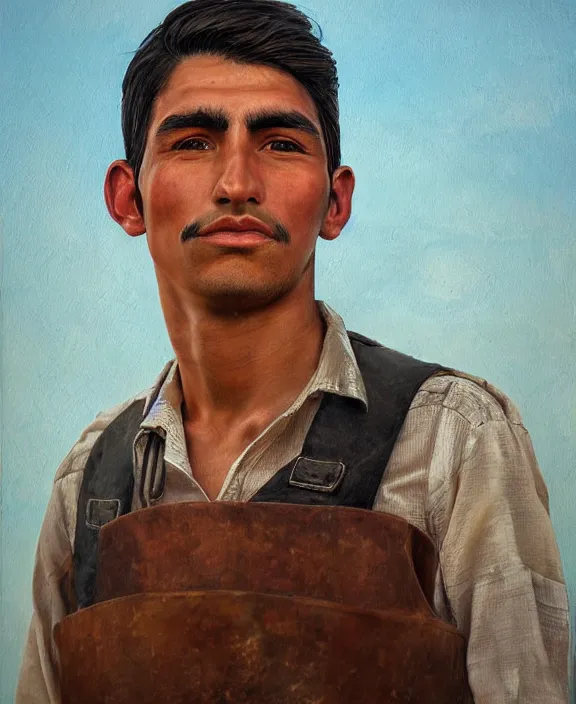 Prompt: heroic portrait of a handsome young mexican farmer, art by denys tsiperko and bogdan rezunenko, hyperrealism