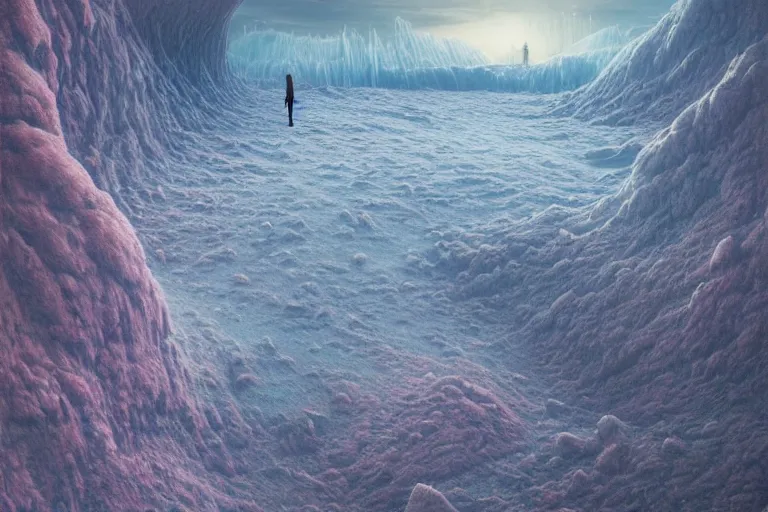 Image similar to surreal frozen landscape, painting by beeple and zdzisław beksinski, a matte painting by li shida, cgsociety, context art, redshift, matte painting, reimagined by industrial light and magic