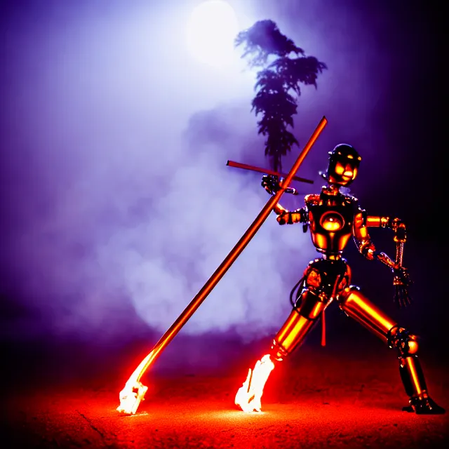 Image similar to robot woman hot fire dance holding katana, detailed pose, shibuya prefecture, cinematic lighting, fog mist smoke, photorealistic, night photography by tomino - sama