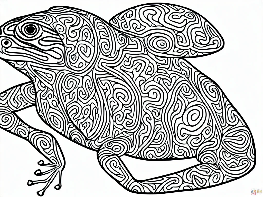 Prompt: beautiful frog, ornamental, fractal, line art, vector, outline, simplified, colouring page