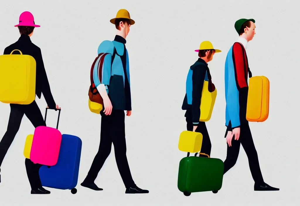 Image similar to full body portrait of a duo of young english tourists travel apparel, various poses walking and carrying luggage, geometric character designs painting, in the style of wes anderson, rene magritte, lola dupre, david hockney, isolated on white background, dark monochrome neon spraypaint accents octane render