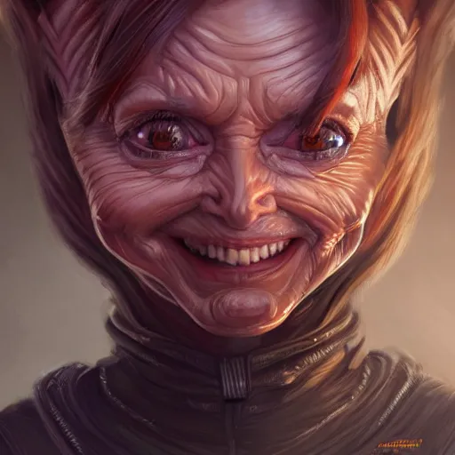 Image similar to a portrait of nancy pelosi as a gremlin, intricate, wild, highly detailed, digital painting, artstation, concept art, smooth, sharp focus, illustration, art by artgerm and greg rutkowski and alphonse much and hajime sorayama