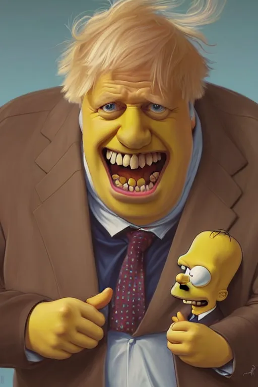 Prompt: Boris Johnson as a Simpsons character, 2d portrait, symmetrical, highly detailed, digital painting, artstation, concept art, smooth, sharp focus, illustration, cinematic lighting, art by artgerm and greg rutkowski and alphonse mucha