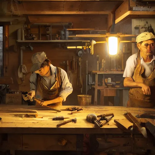 Image similar to highly detailed oil painting | very intricate | cinematic lighting | award - winning | golden retriever working as a simple carpenter fine craftsman | building a wooden table in their well organized clean workshop | beautiful cinematic light, american romanticism, by huang guangjian, gil elvgren, ruan jia, randy vargas, greg rutkowski, artstation, cgsociety, official art, octane