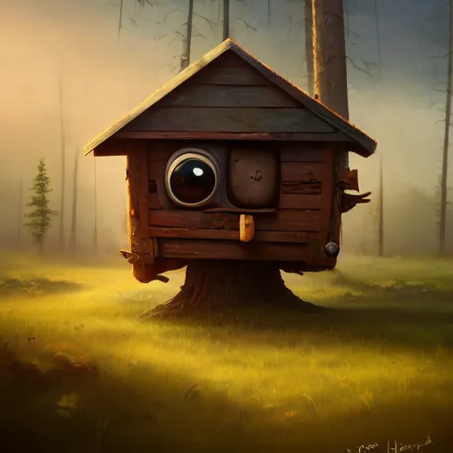 Prompt: a walking wood and metal house with two legs and one big eye, rust, hyperrealistic, highly detailed, cinematic, single ray of sun, morning, pareidolia, gravity falls style, beautiful, cgssociety, artstation, 8 k, oil painting, digital art