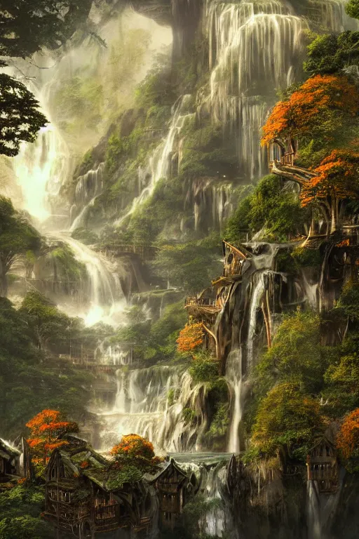 Image similar to wooden elven City with golden roofs, on top of a WATERFALL in the fall, gnarly trees, lush vegetation, forrest, a small stream runs beneath the waterfall, landscape, raphael lacoste, eddie mendoza, alex ross, john howe, concept art, matte painting, highly detailed, rule of thirds, dynamic lighting, cinematic, detailed, denoised, centerd