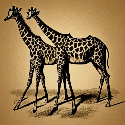 Image similar to giraffe pig hybrids riding bicycles, sepia toned illustration