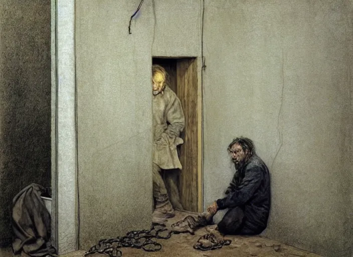 Prompt: shabby but smart faced homeless man in a dirt floored cell chained to a wall, talking questioningly, painting by andrew wyeth and alan lee, very detailed, somber mood,