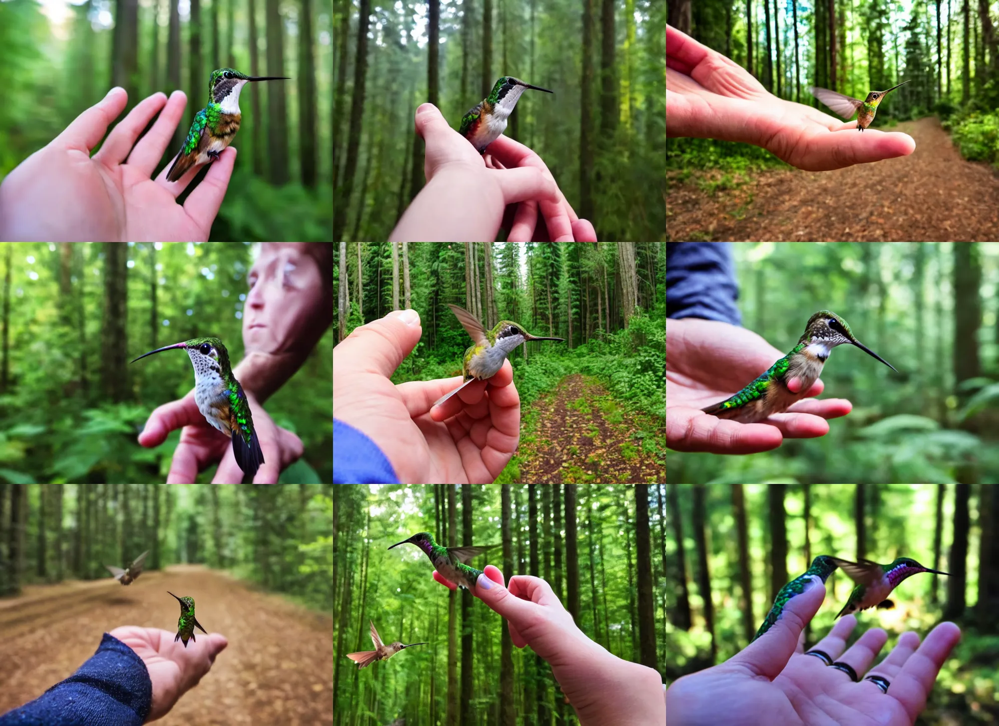 Prompt: pov of a person holding a small hummingbird with their pointer finger with a blurry forest in the background