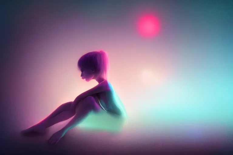 Image similar to a cute alien girl sitting on a cloud relaxing, misty, glows, digital art, hazy, foggy, red lighting, ambient lighting, 8 k,