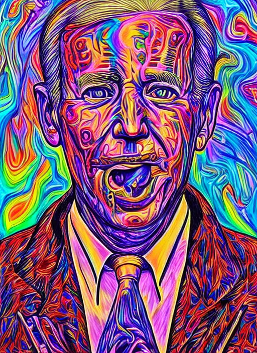 Image similar to a symmetrical photorealistic hyper detailed psychedelic portrait of Joe Biden smoking DMT out of a meth pipe in the style of alex grey