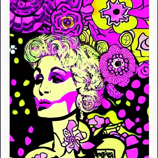 Prompt: psychedelic floral poster with Dolly Parton’s face