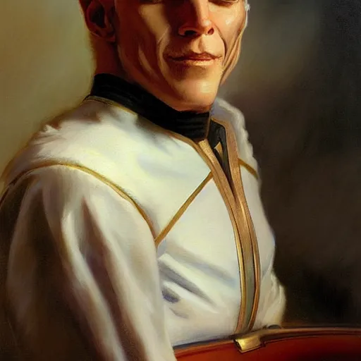 Image similar to a portrait of a manly humanoid white cat feline, blue eyes, star trek the next generation. highly detailed painting by gaston bussiere, craig mullins, j. c. leyendecker, furry