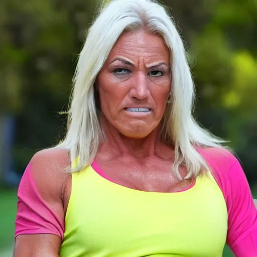 Image similar to a woman who is a genetic combination of hulk hogan and donald trump face and upper - body focus