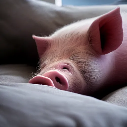 Image similar to hyper realistic image of a pig sleeping in his bed it night