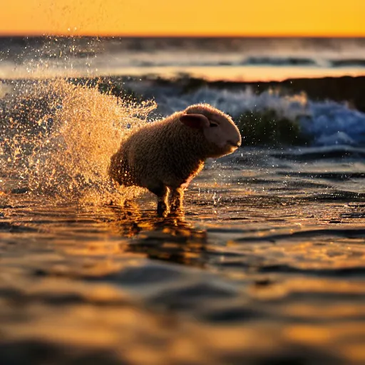 Image similar to a closeup photorealistic photograph of a cute baby sheep splashing in the surf during sunset. professional capture, well lit shot. this 4 k hd image is trending on artstation, featured on behance, well - rendered, extra crisp, features intricate detail, epic composition and the style of unreal engine.