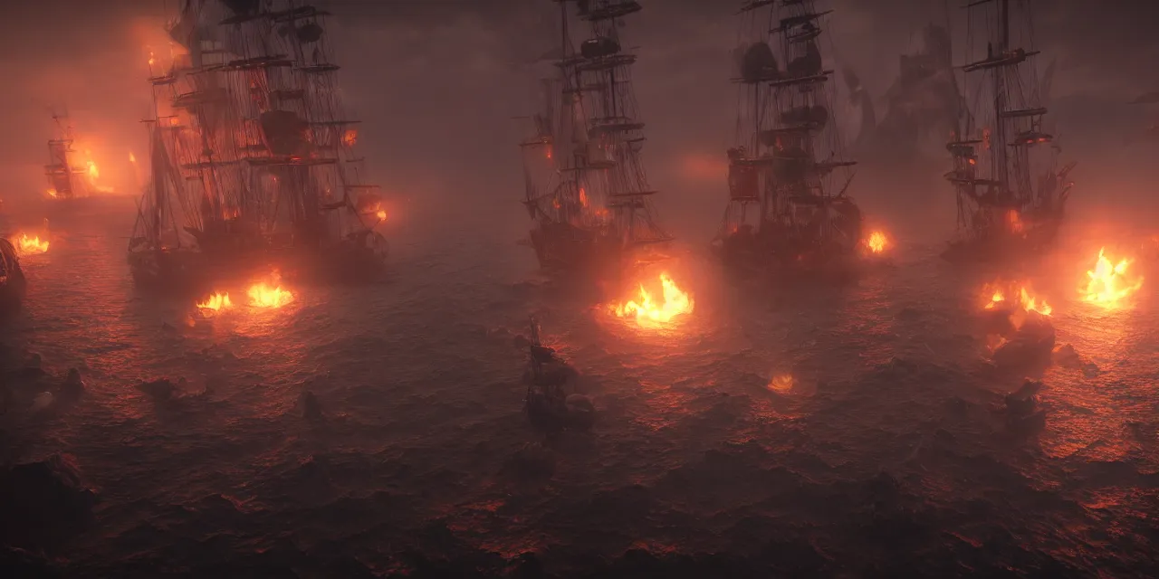 Image similar to pirates vs the kraken, cinematic, foggy, volumetric lighting, fire, unreal engine, trending on artstation