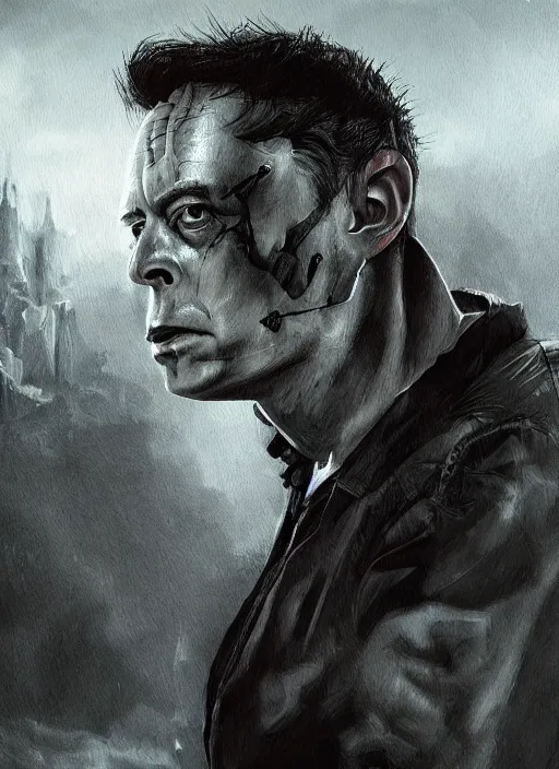 Prompt: elon musk as frankenstein, detailed digital art, trending on Artstation