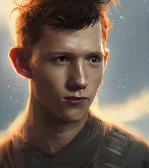 Image similar to portrait of tom holland by greg rutkowski, he is about 3 0 years old, short black hair with bangs, scared and incredulous, very tall and slender, he is wearing futuristic space gear, highly detailed portrait, digital painting, artstation, concept art, smooth, sharp foccus ilustration, artstation hq