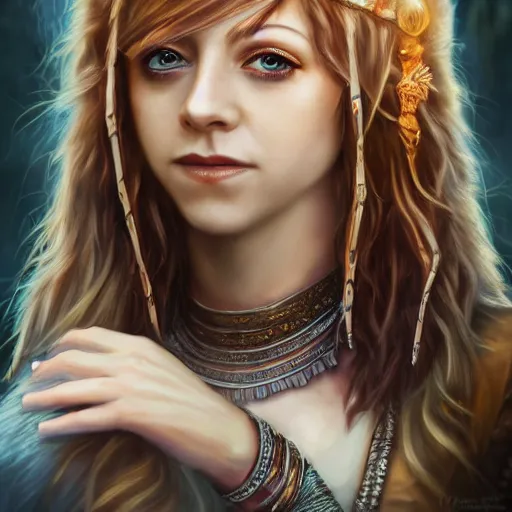 Image similar to portrait of lindsey stirling as a beautiful goddess, epic fantasy art, detailed face, goddess, mystical, mystic atmosphere, trending on artstation, deviantart, digital art, high detail, high definiton, ultra realistic, high quality, hyper realistic, 4 k uhd