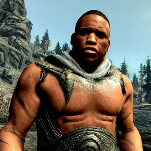 Prompt: character screenshot of ufc commentator daniel cormier dc in skyrim, warrior armor, npc talking, wilderness, 1 0 8 0 p, bokeh, elder scrolls v, detailed, dialog text