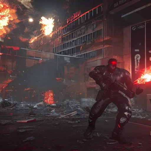 Image similar to duke nukem battling his way through a destroyed la, night, ran, pigsoldiers, rendered in cryengine, volumetric lighting, rtx on