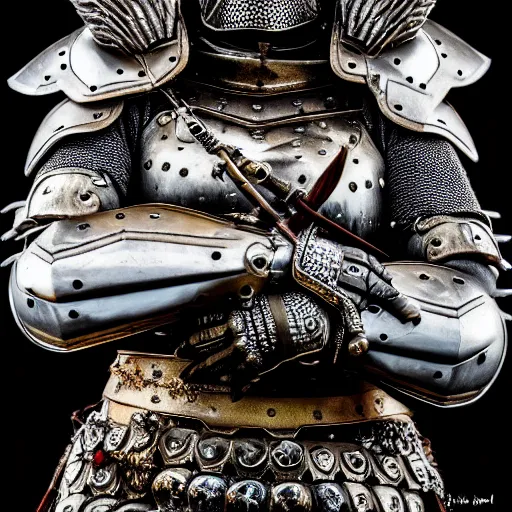 Image similar to photo of a warrior with metal owl jewell encrusted armour, highly detailed, 4k, HDR,