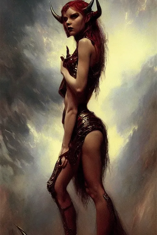 Image similar to a full body portrait of devil demon girl wearing devil clothes, high detail, cleary see face, by gaston bussiere, bayard wu, greg rutkowski, odd nerdrum, maxim verehin, dan dos santos, masterpiece, sharp focus, cinematic lightning