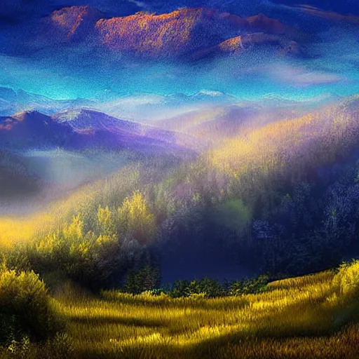 Prompt: magical landscape, mountains, misty, blue, yellow sky, digital art